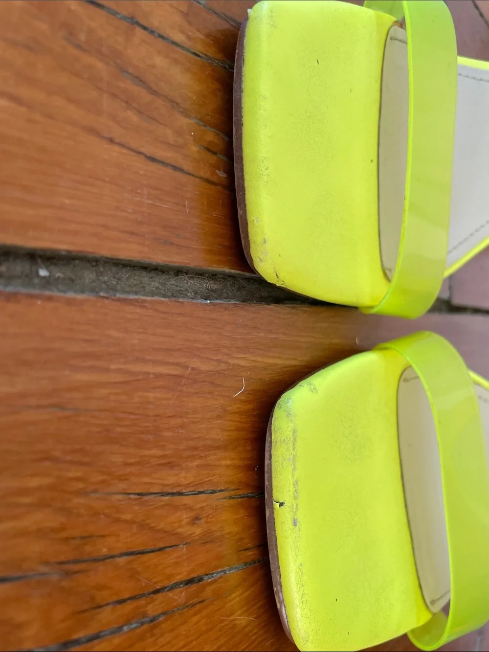 Nine West Neon Yellow Clear Strap Slide Heels